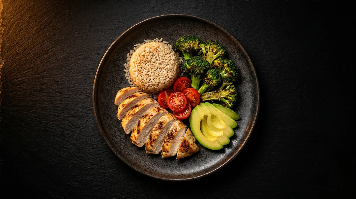 Prato saudável: frango grelhado, arroz integral, brócolis e abacate